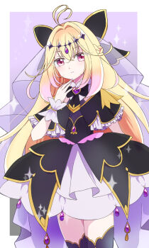 Rule 34 | 1girl, antenna hair, arm behind back, black bow, black bowtie, black capelet, black dress, black thighhighs, blonde hair, bow, bowtie, braid, brooch, capelet, closed mouth, commentary request, cowboy shot, crown braid, cure arcana shadow, diamond hairband, dress, frilled capelet, frilled cuffs, frilled dress, frills, gradient hair, hair bow, hair intakes, heart, heart brooch, highres, jewelry, layered dress, light smile, long hair, looking at viewer, magical girl, meitantei precure!, moria luluka, multicolored hair, partial commentary, pink eyes, precure, purple veil, short dress, siquartz22, solo, standing, thighhighs, veil, very long hair