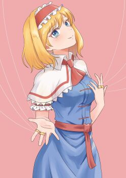 1girl alice_margatroid ascot blonde_hair blue_dress blue_eyes breasts capelet closed_mouth commentary cowboy_shot dress frilled_hairband frills hairband highres jewelry kiyo_(tomoki6107) lolita_hairband looking_at_viewer pink_background puppet_rings puppet_strings red_ascot red_hairband red_sash ring sash smile solo touhou waist_sash white_capelet