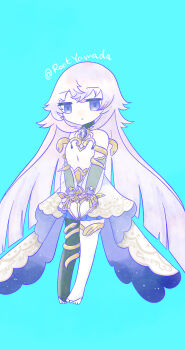 1girl aqua_background breasts cleavage_cutout closed_mouth clothing_cutout full_body grimms_notes highres long_hair magic_mirror_(grimms_notes) purple_eyes purple_hair ru_animal_love simple_background solo twitter_username