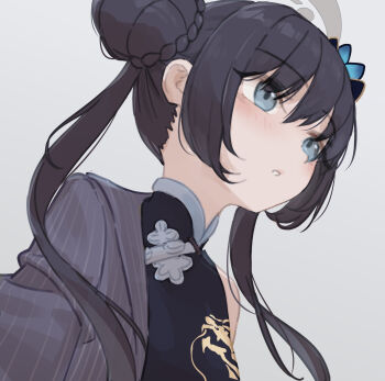 1girl absurdres black_dress black_hair blue_archive blue_eyes butterfly_hair_ornament china_dress chinese_clothes commentary dragon_print dress grey_background grey_halo grey_jacket hair_ornament halo highres jacket kisaki_(blue_archive) long_hair saw272 simple_background solo striped_clothes striped_jacket twintails upper_body vertical-striped_clothes vertical-striped_jacket