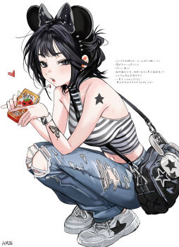 absurdres animal_ears arm_tattoo artist_name bag bare_arms bare_shoulders black_bag black_bow black_eyes black_hair black_headband blunt_bangs bow breasts butterfly_tattoo commentary denim drink_carton duffel_bag english_commentary fake_animal_ears half_updo haze_(7h4ze) headband headphones heart highres holding holding_juice_box jeans juice juice_box looking_at_viewer medium_breasts medium_hair midriff mole mole_on_stomach mouse_ears navel open_mouth original pants shirt shoelaces shoes shoulder_tattoo sidelocks simple_background sleeveless sleeveless_shirt sneakers spikes squatting star_(symbol) star_print star_tattoo strap striped_clothes striped_shirt tattoo teeth tomato_juice torn_clothes torn_jeans torn_pants translation_request unworn_headphones upper_teeth_only watch white_shoes wristwatch