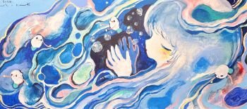 Rule 34 | 1girl, abstract, absurdres, blue hair, blue theme, bubble, closed eyes, commentary request, creature, dated, from side, hands up, highres, long hair, original, painting (medium), profile, si-ku, traditional media, upper body