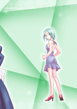1girl bindi dress dress_looking_back green_hair hayate_no_gotoku! katsura_yukiji kneepits looking_back mitsuka_(kokudou_kensetsu) short_hair solo_focus yellow_eyes