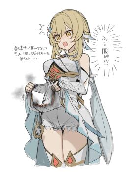 1girl bare_shoulders blonde_hair bloomers boots breasts burnt_clothes clothes_lift commentary_request cropped_legs detached_sleeves dress dress_lift feather_hair_ornament feathers flower genshin_impact hair_flower hair_ornament highres kuromu_shado lifting_own_clothes medium_breasts notice_lines short_hair_with_long_locks simple_background smoke solo sweatdrop thigh_boots translation_request twitter_username underwear white_bloomers white_boots white_dress yellow_eyes