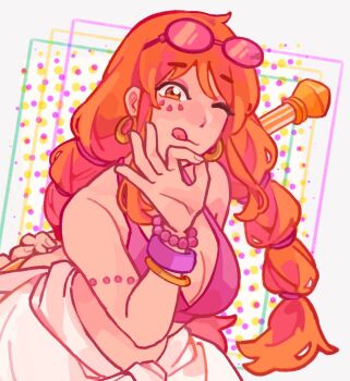 1girl arm_behind_back bangle bare_shoulders bead_bracelet beads bracelet braid breasts cleavage clima-tact closed_mouth clothes_around_waist commentary crop_top earrings english_commentary eyewear_on_head facial_mark gold_earrings holding holding_staff jewelry large_breasts leaning_forward long_hair looking_at_viewer low_twin_braids low_twintails midriff nami_(one_piece) official_alternate_costume official_alternate_hairstyle ok_sign one_eye_closed one_piece one_piece_film:_red orange_hair pink-framed_eyewear ryuuseikkun shirt shirt_around_waist solo staff sunglasses tongue tongue_out twin_braids twintails upper_body