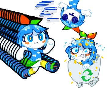 1girl :t @_@ arrow_(symbol) blue_eyes blue_hair blue_screen_of_death blue_shirt blunt_bangs blush_stickers chibi chibi_only clenched_hand clenched_hands colored_skin confetti dande_lumion english_text eyeshadow flying_sweatdrops food green_skirt humanization in_container kneehighs makeup microsoft_windows multiple_views no_nose open_mouth orange_socks original os-tan panicking personification print_shirt shirt shoes short_hair short_sleeves simple_background skirt smile socks speech_bubble sportswear sweat t-shirt trash_can triangle v-shaped_eyebrows wavy_mouth white_background white_skin windows_xp yellow_socks