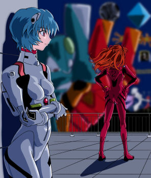 2girls ass ayanami_rei blue_eyes blue_hair blush bodysuit breasts brown_hair floating_hair full_body hair_ornament hands_on_own_hips highres long_hair mecha mecha_pilot_suit multiple_girls neon_genesis_evangelion outdoors plugsuit_(evangelion) red_bodysuit red_eyes robot short_hair souryuu_asuka_langley two_side_up upper_body white_bodysuit wide_hips yuutaku