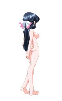1girl anime_coloring arms_behind_back ass barefoot black_hair breasts completely_nude from_behind full_body game_asset hair_ribbon half_updo hand_on_own_arm highres hiiragi_mako large_variant_set long_hair mahotama maki_daikichi medium_breasts nipples nude official_art perky_breasts ribbon simple_background solo standing tachi-e third-party_source transparent_background variant_set visual_novel_cg