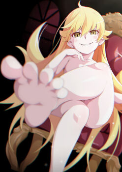 1girl ahoge bare_legs bare_shoulders barefoot blonde_hair blush collarbone completely_nude crossed_legs feet female_focus flat_chest foot_focus from_below gesugesu_ahoaho grin legs loli long_hair looking_at_viewer monogatari_(series) nude oshino_shinobu sexually_suggestive sitting smile smirk solo solo_focus thighs thighs_focus throne toes vampire very_long_hair yellow_eyes
