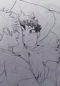 2boys arm_up bakugou_katsuki boku_no_hero_academia closed_mouth clothes_lift commentary crew_neck facial_scar greyscale hand_under_clothes hand_under_shirt highres looking_at_another looking_to_the_side male_focus midoriya_izuku monochrome multiple_boys multiple_scars nervous_sweating one_eye_closed open_mouth oroshi_mi pillow scar scar_on_arm scar_on_cheek scar_on_face shirt shirt_lift short_hair short_sleeves sideways_glance spiked_hair sweat symbol-only_commentary t-shirt teeth upper_body watermark yaoi