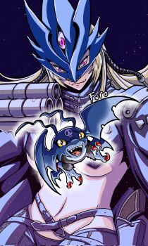Rule 34 | 1girl, beelstarmon, belt, black coat, black pants, blonde hair, blue mask, breasts, coat, cropped vest, derringer, digimon, digimon (creature), eye mask, farolitodraws, gloves, gun, handgun, highres, holding, jacket, large breasts, leather, leather jacket, leather pants, long hair, mask, multiple-barrel gun, navel, pants, picodevimon, simple background, third eye, tight clothes, tight pants, underboob, vest, weapon