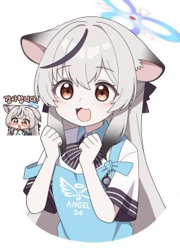 Rule 34 | 1girl, absurdres, angel's 24 uniform (blue archive), animal ear fluff, animal ears, apron, black hair, blue apron, blue archive, blue halo, brown eyes, grey hair, halo, highres, kokona (blue archive), long hair, multicolored hair, polo shirt, shirt, short sleeves, store clerk, streaked hair, tiger ears, tiger girl, vector (dmlddmld00), very long hair, white shirt