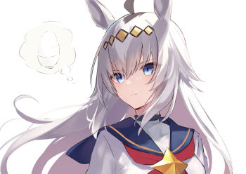 1girl absurdres ahoge animal_ears azuuru blue_eyes blue_sailor_collar bowl brooch closed_mouth commentary_request covered_collarbone diamond_(shape) diamond_hairband floating_hair four-pointed_star glutton hair_between_eyes hair_flaps hairband highres horse_ears horse_girl imagining jewelry long_hair looking_ahead neckerchief oguri_cap_(starlight_beat)_(umamusume) oguri_cap_(umamusume) portrait red_neckerchief rice rice_bowl sailor_collar sailor_shirt serious shirt sidelocks simple_background speech_bubble star_(symbol) star_brooch thought_bubble turning_head turtleneck turtleneck_shirt umamusume v-shaped_eyebrows white_background white_hair white_shirt