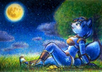 1girl animal animal_ears anklet arm_support bikini blue_fur blue_hair bracelet choker cloud fox fox_ears fox_girl fox_tail full_moon furry gold_bikini gold_sandals grass green_eyes highres jewelry krystal leg_tattoo looking_up moon navel necklace night night_sky nintendo sandals short_hair sitting sky smile staff star_(sky) star_fox star_fox_adventures starry_sky swimsuit tail take2008 tattoo traditional_media tree weapon
