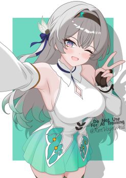 1girl armpits black_hairband blush breasts bridal_gauntlets cleavage commentary_request detached_sleeves dress firefly_(honkai:_star_rail) gradient_hair green_hair green_thighhighs grey_hair hair_between_eyes hair_ornament hairband honkai:_star_rail honkai_(series) large_breasts long_hair long_sleeves looking_at_viewer multicolored_hair one_eye_closed open_mouth pink_eyes ren_vogelweid selfie sleeveless sleeveless_dress smile solo thighhighs twitter_username white_dress zettai_ryouiki