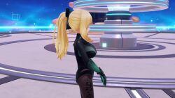 1girl 3d alternate_costume alternate_hairstyle animated ass ass_shake blue_eyes bodysuit bouncing_breasts breasts cleavage gloves hair_ribbon highres jiggle large_breasts legs looking_at_viewer neptune_(series) no_bra outdoors ponytail ribbon sideboob sound tagme thighs unzipped vert_(neptunia) video walking
