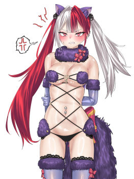 1girl absurdres animal_ears bare_shoulders blue_notuki blush breasts cleavage cosplay fate/grand_order fate_(series) fur_collar gloves highres long_hair looking_at_viewer mash_kyrielight mash_kyrielight_(dangerous_beast) mash_kyrielight_(dangerous_beast)_(cosplay) matsunaga_hisahide_(fate) multicolored_hair navel purple_gloves red_eyes red_hair revealing_clothes solo split-color_hair tail twintails white_hair wolf_ears wolf_tail