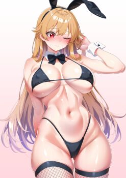 Rule 34 | 1girl, absurdres, animal ear hairband, animal ears, bikini, black bow, black bowtie, blush, bow, bowtie, breasts, cleavage, closed mouth, commentary request, covered erect nipples, cowboy shot, detached collar, fake animal ears, fishnet thighhighs, fishnets, gradient hair, hair between eyes, hairband, highleg, highleg bikini, highres, junko (touhou), large breasts, leo23, long hair, multicolored hair, navel, nose blush, one eye closed, purple hair, rabbit ear hairband, rabbit ears, red eyes, shirt, simple background, skindentation, solo, stomach, swimsuit, thick thighs, thighhighs, thighs, touhou, white background, white shirt, white wrist cuffs, wrist cuffs