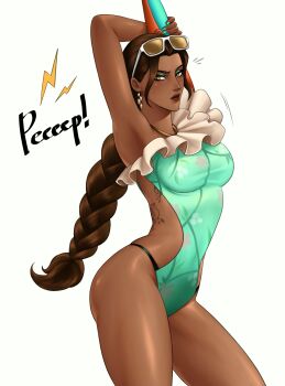 1girl aqua_bikini armpits bare_legs bare_shoulders bikini braid breasts dark-skinned_female dark_skin earrings english_text eyeshadow floral_print frills jewelry long_hair makeup one-piece_swimsuit orca_lw overwatch overwatch_1 stretching sunglasses sunglasses_on_head swimsuit symmetra_(overwatch) tattoo yellow_eyes
