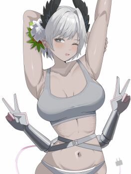 1girl absurdres arknights arms_up bird_girl black_feathers black_gloves blush breasts bright_pupils cable cable_tail cleavage dark-skinned_female dark_skin double_v electric_plug electric_plug_tail extra_arms feather_hair feathers flower gloves grey_hair grey_panties grey_sports_bra hair_flower hair_ornament head_wings highres mechanical_tail medium_breasts midriff multicolored_gloves navel one_eye_closed open_mouth panties pink_gloves raidian_(arknights) short_hair simple_background smile solo spam_(spamham4506) sports_bra tail two-tone_gloves underwear unusually_open_eyes v white_background white_pupils wings