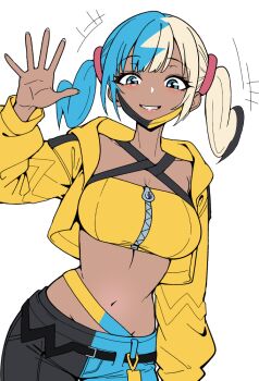 +++ 1girl ardens bandeau belt black_belt blue_eyes breasts canari_(pokemon) commentary_request cropped_jacket eyelashes grin hand_up jacket mask mask_pull medium_breasts mouth_mask multicolored_hair navel nintendo open_clothes open_jacket pants pokemon pokemon_legends:_z-a smile solo teeth twintails yellow_bandeau yellow_jacket zipper zipper_pull_tab