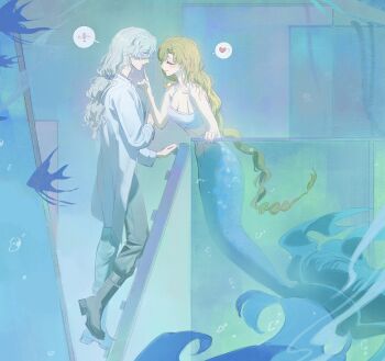 ! 2girls bare_arms bare_shoulders black_boots black_pants black_shirt blonde_hair blue_background boots closed_eyes coat eyes_visible_through_hair face-to-face finger_to_another&#039;s_mouth fish from_side full_body hair_over_one_eye heart highres lab_coat long_braid long_hair looking_at_another luori_dianxin mermaid monster_girl multiple_girls on_ladder pants profile reverse:1999 shirt speech_bubble spoken_exclamation_mark spoken_heart tank_(container) tank_top very_long_hair vila_(reverse:1999) white_coat white_hair white_tank_top windsong_(reverse:1999)