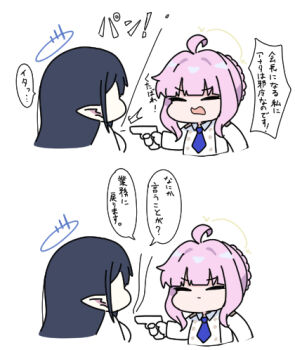 2girls ahoge black_hair blue_archive blue_necktie braid chibi closed_eyes closed_mouth commentary_request cropped_torso firing gun halo holding holding_gun holding_weapon jacket kaya_(blue_archive) long_hair lowres multiple_girls necktie nyaru_(nyaru_4126) open_mouth pink_hair pointy_ears rin_(blue_archive) simple_background smoke smoking_barrel translation_request upper_body wavy_mouth weapon white_background white_jacket