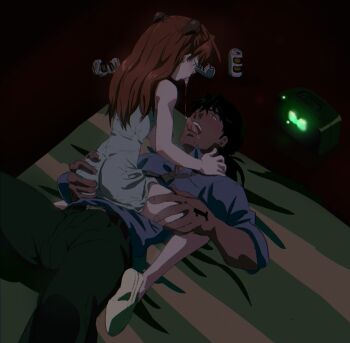 1boy 1girl age_difference amondetauro blue_dress blue_shirt dress grabbing_another&#039;s_ass groping hetero highres kaji_ryouji necktie neon_genesis_evangelion older_male_and_younger_female open_mouth orange_hair pants saliva saliva_swap saliva_trail scene_reference shirt souryuu_asuka_langley tongue tongue_out