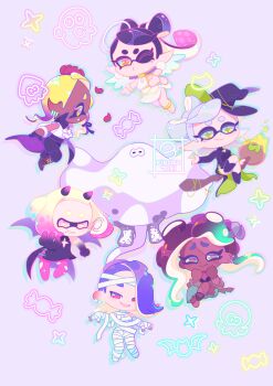 Rule 34 | 6+girls, absurdres, angel, big man (splatoon), black hair, broom, broom riding, callie (splatoon), chibi, chibi only, colored extremities, commentary, demon costume, frye (splatoon), grey hair, highres, inkling, kinokorin, marie (splatoon), marina (splatoon), multiple girls, mummy costume, nintendo, octoling, one eye closed, pearl (splatoon), pointy ears, sheet ghost, shiver (splatoon), sidesaddle, signature, smile, splatoon (series), splatoon 3, stitched arm, stitched face, stitches, tentacle hair, vampire costume