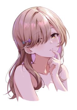 1girl blonde_hair blush breasts cleavage collarbone cropped_torso finger_to_mouth hair_ornament hair_over_one_eye highres long_hair looking_at_viewer orange_eyes parted_lips sena_ajisai setsu_(qjsj1993aa) simple_background solo upper_body watashi_ga_koibito_ni_nareru_wake_naijan_murimuri! white_background