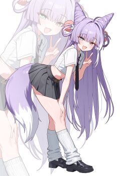 1girl absurdres ahoge belt bent_over black_necktie black_shoes black_skirt blue_eyes collared_shirt commentary_request cone_hair_bun crop_top fang fox_tail full_body hair_bun hair_ornament hair_rings hand_on_own_knee hand_up heterochromia highres kneehighs korean_commentary loafers long_hair looking_at_viewer loose_socks midriff miniskirt navel necktie open_mouth penny_loafers pleated_skirt pom_pom_(clothes) pom_pom_hair_ornament purple_hair ribbed_socks saho_4545 shirt shoes short_sleeves skirt smile socks solo standing stellive stomach tail tenko_shibuki thighs v very_long_hair virtual_youtuber white_shirt white_socks yellow_eyes zoom_layer