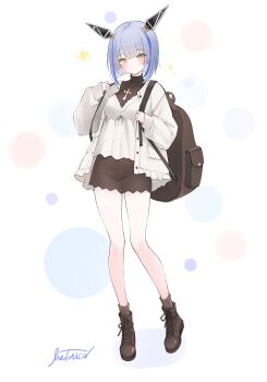 1girl :o absurdres adversarial_noise alternate_costume azur_lane backpack bag bare_legs black_bodystocking blue_hair blue_streaks blush boots breasts brown_bag brown_boots brown_socks casual commentary_request cross cross_necklace dress full_body gascogne_(azur_lane) hair_ornament headgear highres jacket jewelry lace-up_boots legs livetarica looking_at_viewer mechanical_ears medium_breasts multicolored_hair necklace open_clothes open_jacket open_mouth parted_lips polka_dot polka_dot_background purple_hair short_hair signature simple_background sleeves_past_wrists socks solo sparkle standing thighs turtleneck white_background white_dress white_jacket yellow_eyes