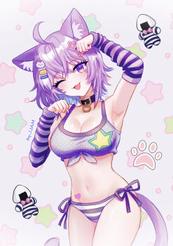 1girl ahoge animal_ears armpits bikini black_choker breasts cat_ears cat_girl cat_tail choker cleavage collarbone commentary_request fingernails food hair_between_eyes hololive light_blush looking_at_viewer medium_breasts medium_hair nail_polish navel nekomata_okayu onigiri open_mouth purple_arm_warmers purple_bikini purple_eyes purple_hair purple_nails side-tie_bikini_bottom smile solo stomach swimsuit tail urayama_jam virtual_youtuber