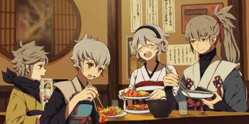 1girl 3boys aomeeso black_hairband chopsticks dinner family female_corrin_(fire_emblem) fire_emblem fire_emblem_fates grey_hair hair_ribbon hairband high_ponytail holding holding_chopsticks japanese_clothes kiragi_(fire_emblem) male_kana_(fire_emblem) multiple_boys nintendo open_mouth ponytail red_ribbon ribbon takumi_(fire_emblem)