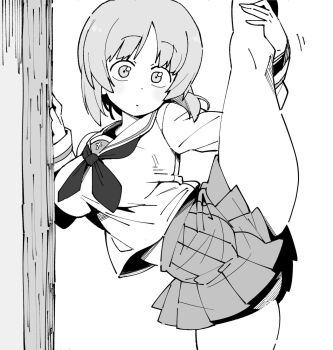 1girl blouse blush closed_mouth commentary_request frown girls_und_panzer greyscale henyaan_(oreizm) highres leg_up long_sleeves looking_at_viewer miniskirt monochrome neckerchief nishizumi_miho ooarai_school_uniform outside_border pleated_skirt school_uniform serafuku shirt short_hair skirt socks solo split standing standing_on_one_leg standing_split