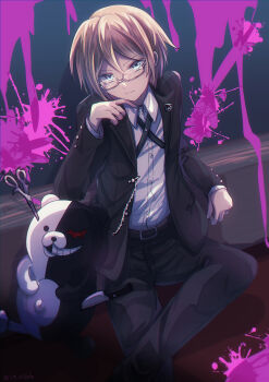 Rule 34 | 1boy, against wall, asaho, black jacket, black pants, blood, blood splatter, blue eyes, brown hair, closed mouth, collared shirt, commentary request, crossed legs, danganronpa: trigger happy havoc, danganronpa (series), double-parted bangs, frown, glasses, hair between eyes, hand up, highres, indoors, jacket, long sleeves, looking at viewer, male focus, monokuma, on floor, open clothes, open jacket, pants, pink blood, scissors, shirt, short hair, sitting, solo, togami byakuya, twitter username, v-shaped eyebrows, white-framed eyewear, white shirt