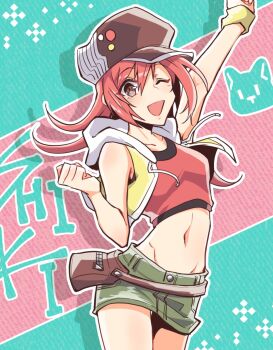 1girl ;d arm_up bare_shoulders breasts brown_eyes brown_hat character_name clenched_hands collarbone commentary_request cowboy_shot crop_top cropped_vest drawstring drop_shadow fanny_pack green_skirt groin hair_between_eyes hat highres hood hood_down hooded_vest hoodie kaiza# long_hair looking_at_viewer medium_breasts midriff miniskirt misaki_shiki navel newsboy_cap one_eye_closed open_clothes open_mouth open_vest red_hair red_shirt shadow shirt sidelocks skirt sleeveless smile solo standing subarashiki_kono_sekai vest wristband yellow_vest