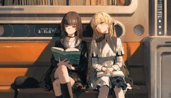 2girls absurdres arm_cutout black_choker black_hair black_jacket black_skirt blonde_hair book chisa_(wuthering_waves) choker closed_mouth clothing_cutout commentary crossed_legs dino_(dinoartforame) english_commentary hair_ribbon high-waist_skirt highres holding holding_book indoors jacket long_hair long_sleeves multiple_girls open_book pantyhose phoebe_(wuthering_waves) reading red_eyes red_ribbon ribbon sailor_collar shirt sitting skirt white_pantyhose white_sailor_collar white_shirt white_skirt wuthering_waves