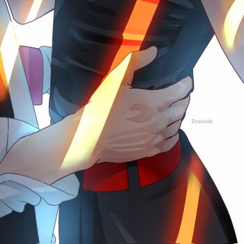 1boy 1girl artist_name black_romper boruto:_two_blue_vortex close-up commentary corrupted_twitter_file drawink flat_chest hands_on_another's_hips hetero highres naruto_(series) romper sleeves_rolled_up uchiha_sarada uzumaki_boruto