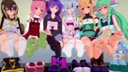 3d 6+girls animated black_hair blonde_hair braid chris_flandre elira_pendora feet finana_ryugu flower green_hair grey_hair highres long_hair multiple_girls nail_polish nijisanji nijisanji_en petra_gurin pink_hair pomu_rainpuff purple_hair red_eyes rose rosemi_lovelock selen_tatsuki shoes short_hair soles toes unworn_shoes video virtual_youtuber
