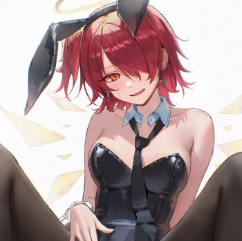 absurdres alternate_costume animal_ears arknights bare_shoulders black_leotard black_necktie black_pantyhose blush breasts collarbone cross cross_earrings detached_collar earrings energy_wings exusiai_(arknights) exusiai_the_new_covenant_(arknights) fake_animal_ears hair_over_one_eye halo highres jewelry large_breasts leotard looking_at_viewer medium_hair necktie orange_eyes pantyhose parted_lips rabbit_ears red_hair side_ponytail simple_background solo spread_legs sweatdrop uof white_background white_wrist_cuffs wrist_cuffs yellow_halo