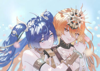 2girls 8k_u ahoge armlet augusta_(wuthering_waves) bare_shoulders blue_eyes blue_hair collarbone commentary_request earrings headgear highres iuno_(wuthering_waves) jewelry laurel_crown light_blush long_hair multiple_girls orange_eyes orange_hair parted_lips smile sun_earrings sun_necklace twintails upper_body vambraces wuthering_waves