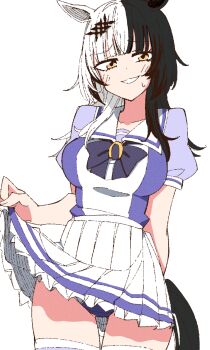 Rule 34 | 1girl, absurdres, animal ears, bikini, bikini under clothes, black hair, bow, bowtie, highres, hololive, hololive english, horse ears, horse tail, horseshoe ornament, looking at viewer, multicolored hair, pleated skirt, purple bow, purple bowtie, purple shirt, sailor collar, sailor shirt, school uniform, shiori novella, shirt, skirt, split-color hair, spynai (klimatic), swimsuit, swimsuit under clothes, tail, thighhighs, tracen school uniform, two-tone hair, umamusume, virtual youtuber, white background, yellow eyes