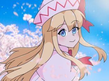 Rule 34 | 1girl, blonde hair, blue eyes, blush, bow, bowtie, capelet, dress, hair bow, hat, hat bow, highres, lily white, looking at viewer, neferkitty, perfect cherry blossom, red bow, red bowtie, ribbon, smile, touhou, white capelet, white dress, white hat