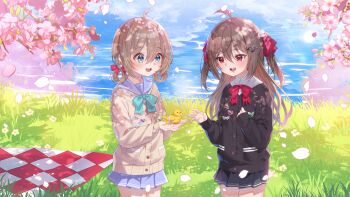 Rule 34 | 2girls, absurdres, ahoge, aqua bow, aqua bowtie, bird, black cardigan, black skirt, blue eyes, blue sailor collar, blue skirt, bow, bowtie, broken heart, broken heart hair ornament, cardigan, commentary, cowboy shot, day, dress shirt, english commentary, evil neuro-sama, falling petals, from side, grass, hair between eyes, hair ornament, hair ribbon, hair rings, heart, heart hair ornament, highres, lightenbee, long hair, long sleeves, miniskirt, multiple girls, neuro-sama, open mouth, outdoors, petals, picnic blanket, pink petals, pleated skirt, red bow, red bowtie, red eyes, red ribbon, ribbon, sailor collar, shirt, siblings, sisters, skirt, skull hair ornament, teeth, twins, two side up, upper teeth only, vedal ai, virtual youtuber, water, white shirt, yellow bird, yellow cardigan