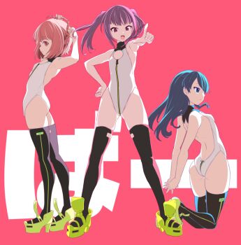 3girls aikawa_aika alice_gear_aegis ass black_thighhighs booth_babe braid breasts circle_cutout cleavage_cutout clothing_cutout companion/af crown_braid flat_chest from_behind front_zipper full_body green_shoes heattech_leotard highleg highleg_leotard ichijou_ayaka kanoe_(gallery_walhalla) koashi_mutsumi leotard looking_at_viewer multiple_girls no_jacket orange_hair race_queen red_eyes shoes short_hair simple_background small_breasts standing thighhighs thighs turtleneck white_background white_leotard zipper zipper_leotard zipper_pull_tab