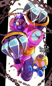 1girl absurdres artist_name blue_skin breasts capcom chain chinese_clothes cleavage cleavage_cutout clothing_cutout colored_skin commentary company_connection crossover darkstalkers english_commentary full_body glint glowing glowing_eyes hat haysey highres hsien-ko jiangshi large_breasts looking_at_viewer mega_man_(series) mega_man_legends_(series) ofuda ofuda_on_head open_mouth purple_hair qingdai_guanmao servbot_(mega_man) smile twitter_username yellow_eyes