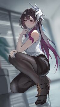 1girl black_hair black_pantyhose black_sandals black_skirt blue_nails breasts commentary_request feet grey_eyes hair_ornament high_heel_sandals high_heels highres honkai:_star_rail honkai_(series) hysilens_(honkai:_star_rail) indoors legs medium_breasts multicolored_hair nail_polish office_lady pantyhose pencil_skirt purple_hair ribbed_sweater sandals skirt sleeveless sleeveless_sweater smile solo stiletto_heels strappy_heels sweater toenail_polish toenails toes turtleneck turtleneck_sweater two-tone_hair white_sweater yato_(yama0x1)