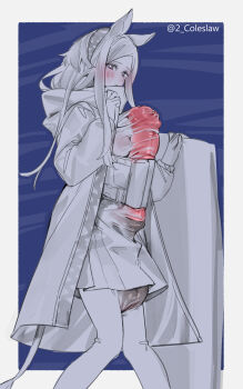 1futa animal_ears animal_penis arknights blush breasts bulge closed_mouth erection erection_under_clothes feet_out_of_frame futanari hairband heavyrain_(arknights) highres hood hood_down hooded_jacket horse_penis huge_penis huge_testicles jacket long_hair long_sleeves looking_at_viewer medium_breasts mirin_chikuwa open_clothes open_jacket pantyhose penis see-through_clothes see-through_shirt shirt skirt solo standing testicles zebra_ears zebra_girl zebra_tail