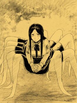 Rule 34 | 1girl, arthropod girl, black skirt, chainsaw man, closed mouth, collared shirt, crying, dd36051, frown, highres, insect girl, long hair, monochrome, monster girl, multiple legs, own hands clasped, own hands together, princi (chainsaw man), shirt, skirt, solo, spider girl, zipper